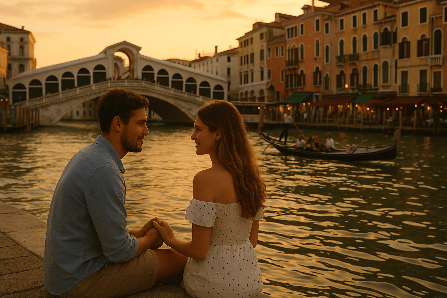 A couple sits holding hands by a canal in Venice at sunset, with the Rialto Bridge and a gondola in the background.