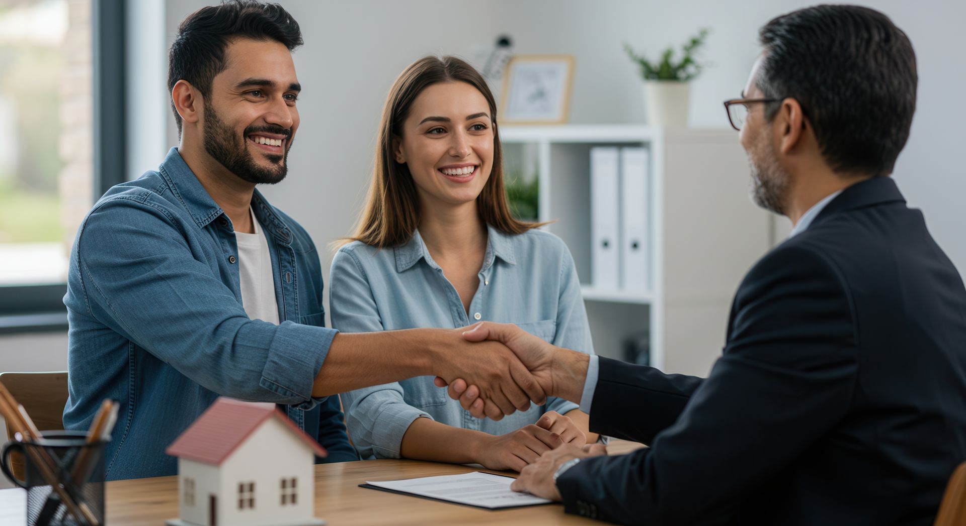 A man and a woman are shaking hands with a real estate agent.