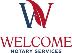 A logo for welcome notary services with a red and blue letter w