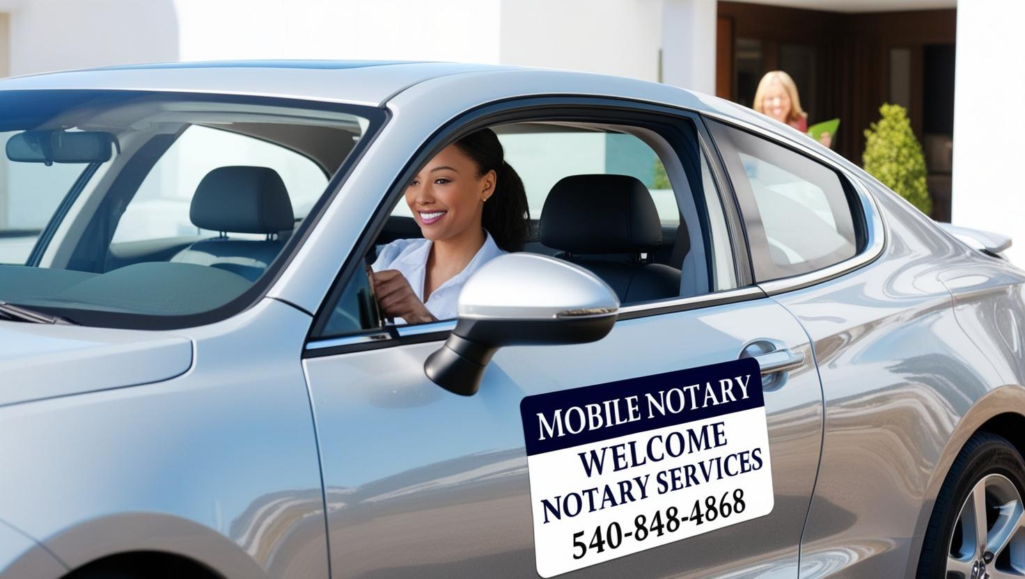 A woman is driving a car that says mobile notary welcome notary services