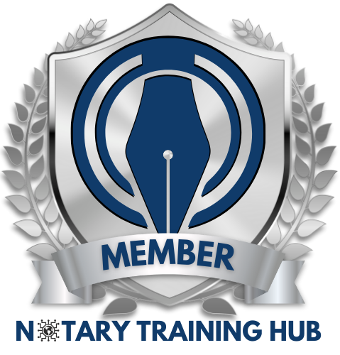 A logo for the notary training hub with a pen in the center