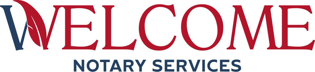 The logo for welcome notary services is red and blue