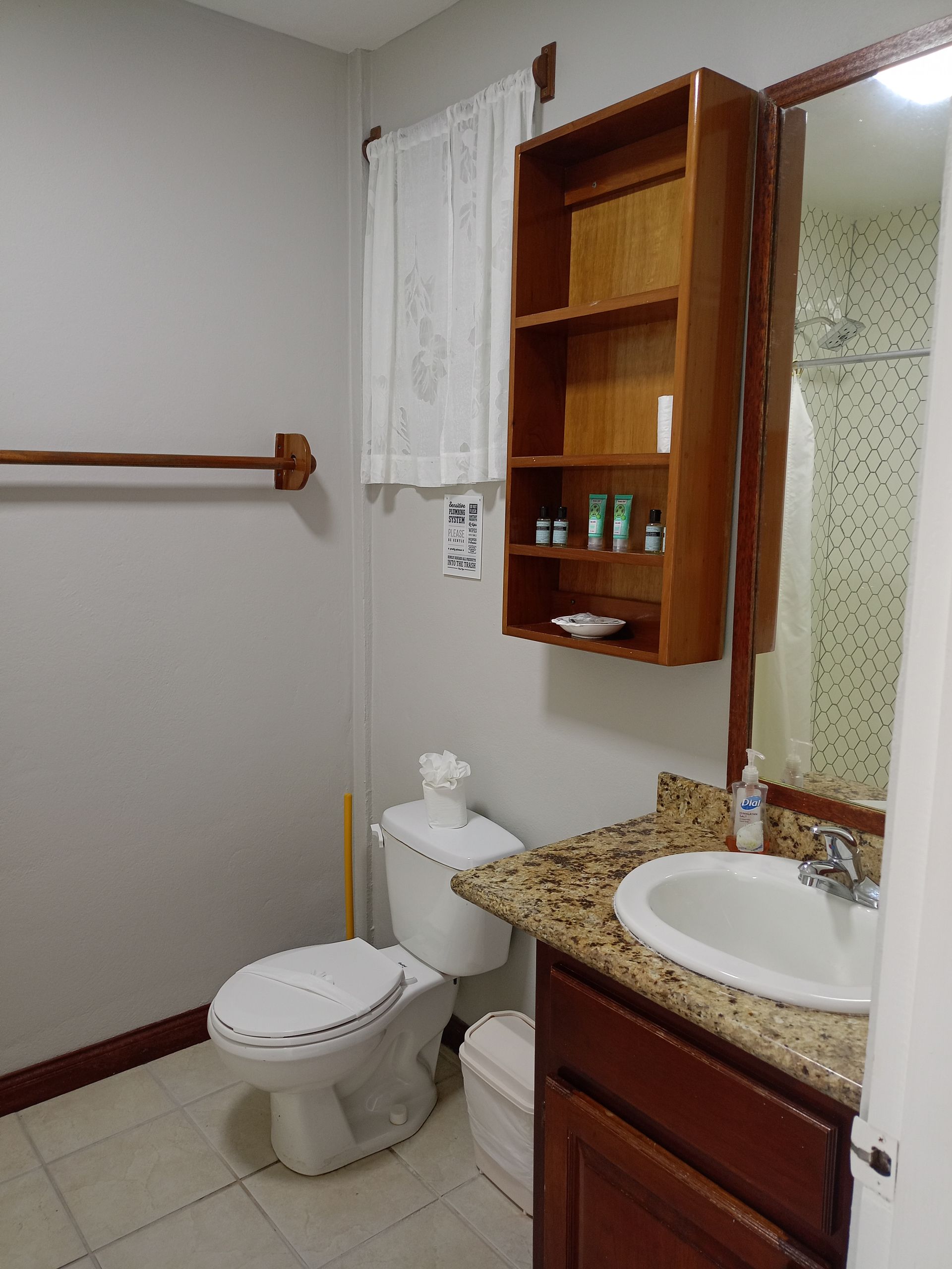 Bathroom with toilet, sink, wooden cabinet, and towel rack.