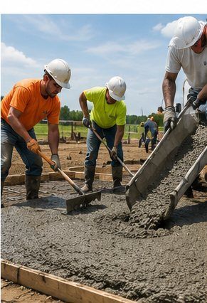 Three construction workers are pouring concrete from a truck into form work for a concrete pad