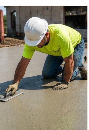 Construction worker uses a hand trowel to finish concrete outside a building in Cornwall, ON