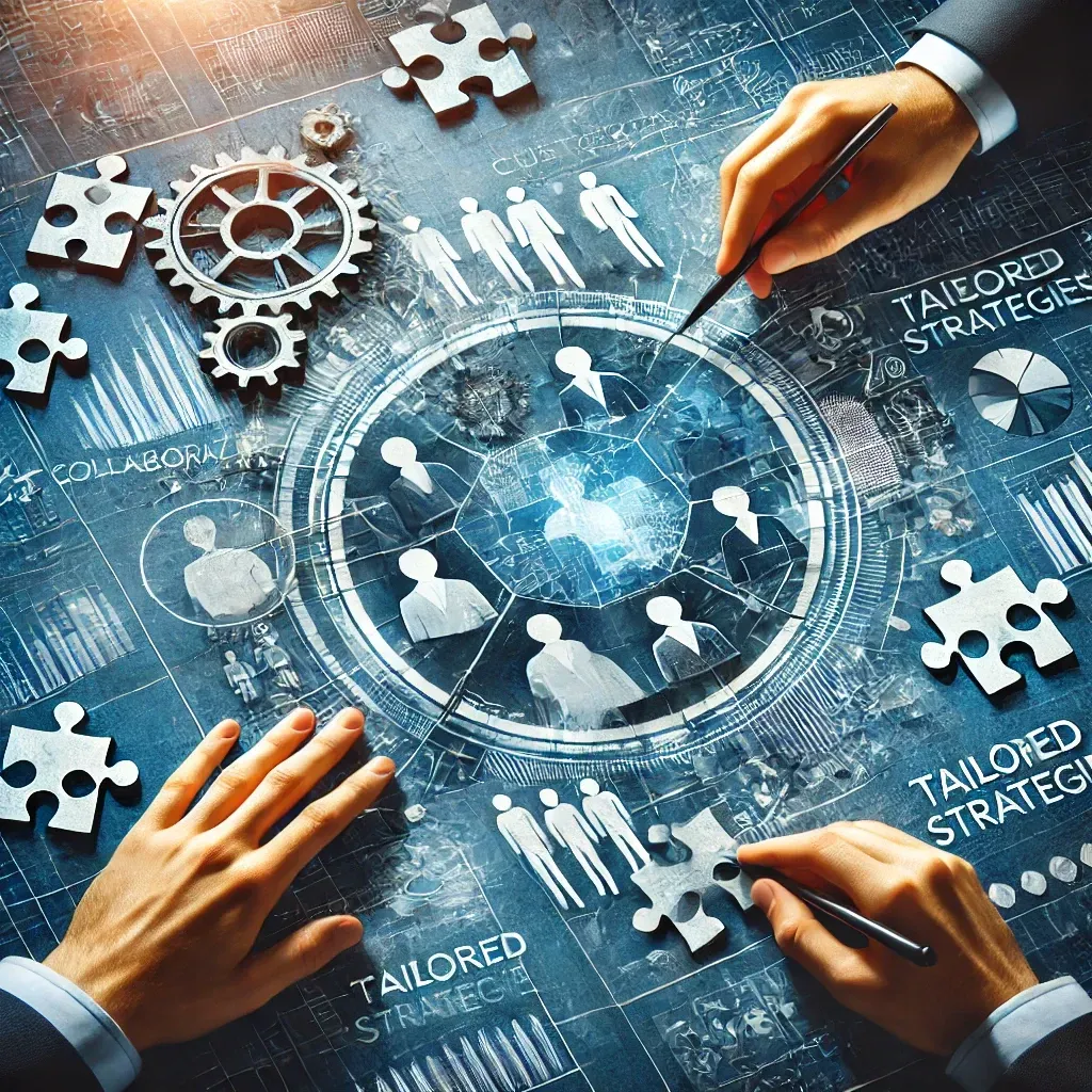 Hands assembling a puzzle with team silhouettes and gears, representing tailored strategies.