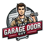 Logo of a garage door repairman holding a wrench with the text &ldquo;That Garage Door Guy&rdquo;