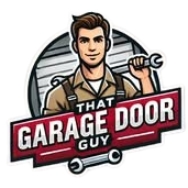 Logo of a garage door repairman holding a wrench with the text &ldquo;That Garage Door Guy&rdquo;