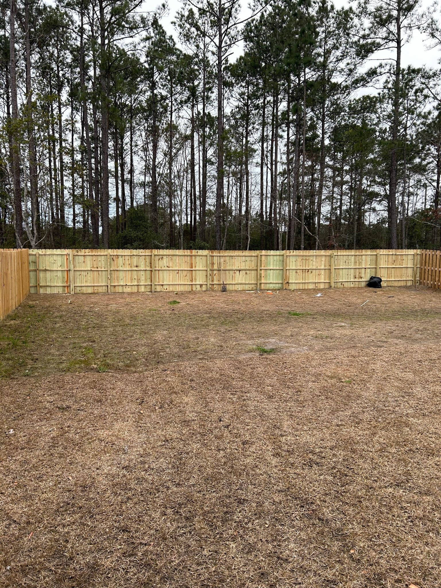 A wooden fence surrounds a large yard with trees in the background.