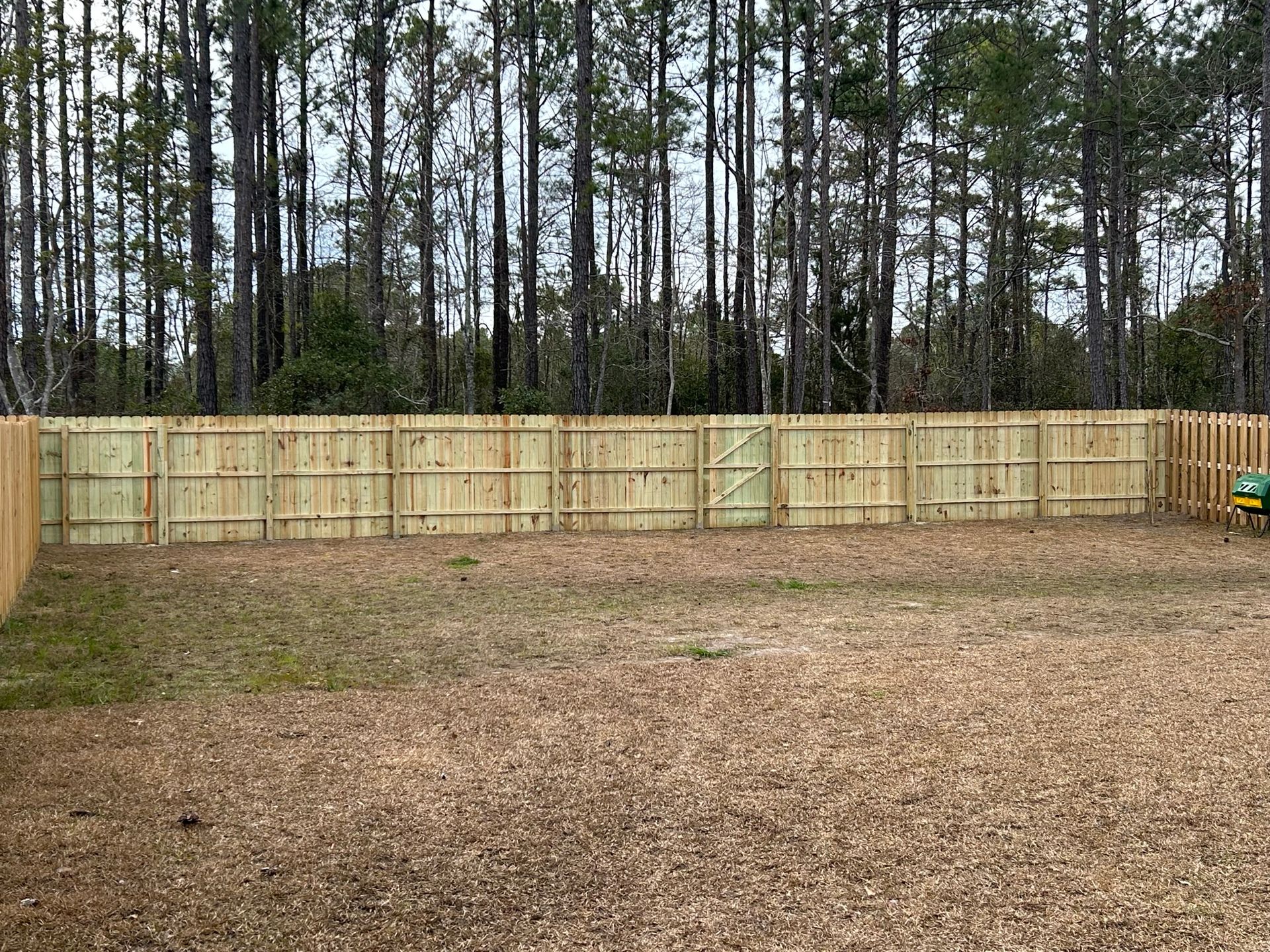 A wooden fence surrounds a large yard with trees in the background.