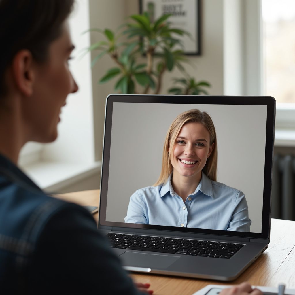 Person in a video call with a smiling woman on a laptop screen. Both are indoors.