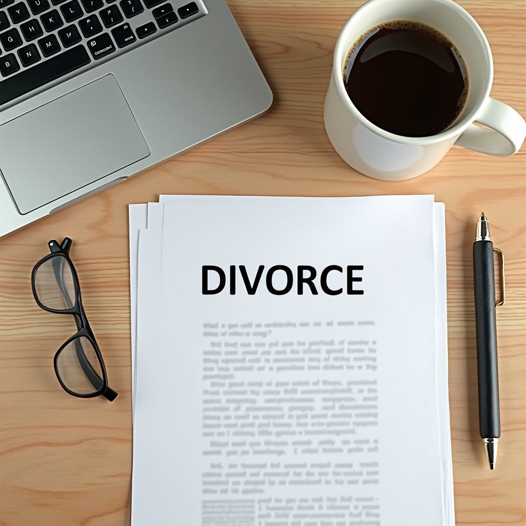 Divorce documents on a wooden desk with a laptop, coffee mug, pen, and glasses.