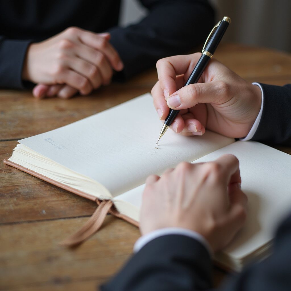 Close-up of a person's hand writing with a pen in a notebook on a wooden table. Another person's arm is visible.
