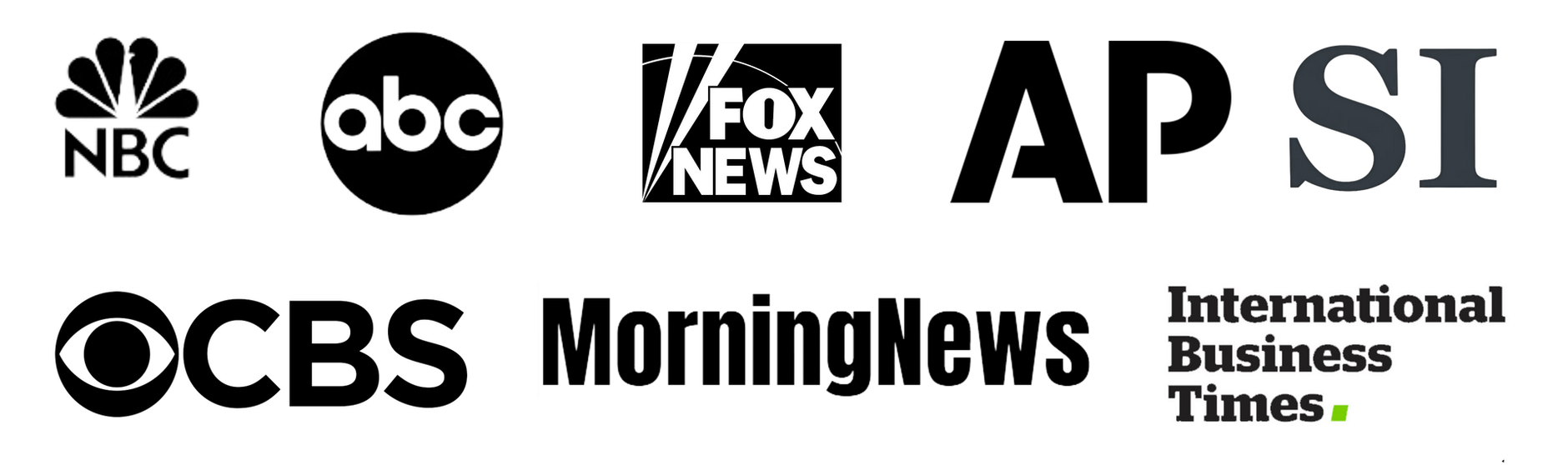Logos of news organizations: NBC, ABC, Fox News, AP, SI, CBS, Morning News, International Business Times.