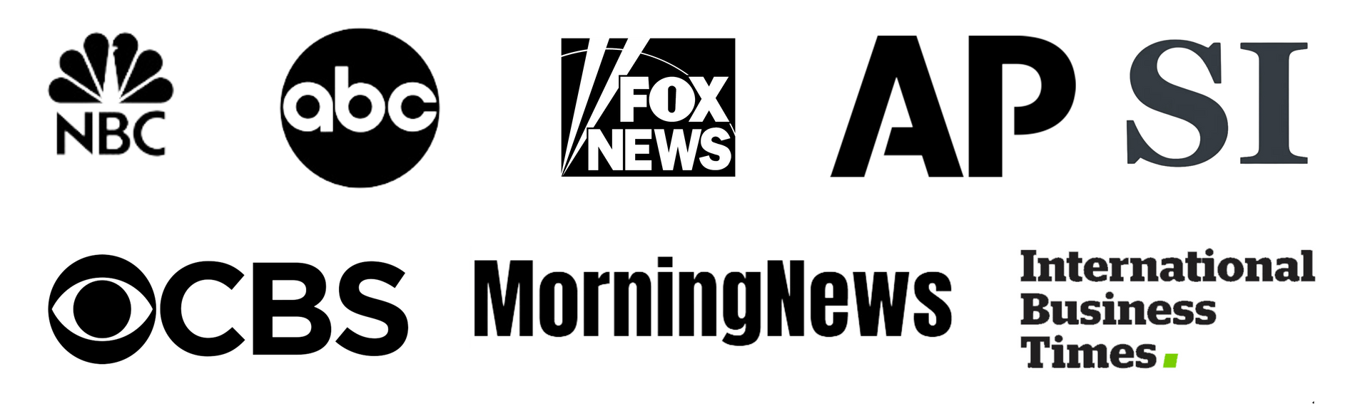 Logos of news organizations: NBC, ABC, Fox News, AP, SI, CBS, Morning News, International Business Times.