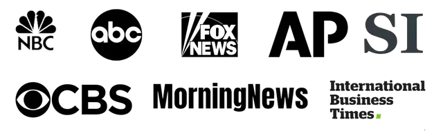 Logos of NBC, ABC, Fox News, AP, CBS Morning News, and International Business Times.