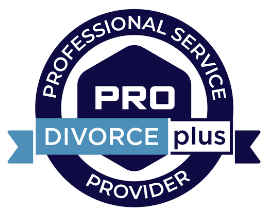 Logo: PRO Divorce Plus, a professional service provider. Dark blue and light blue with text in white.