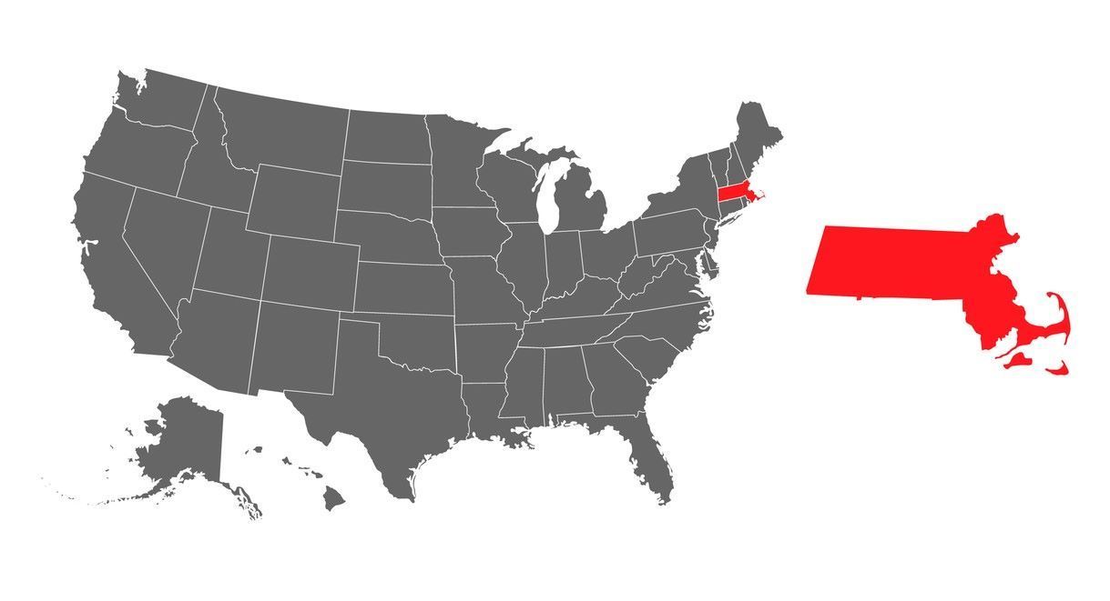 Map of the United States with Massachusetts highlighted in red.