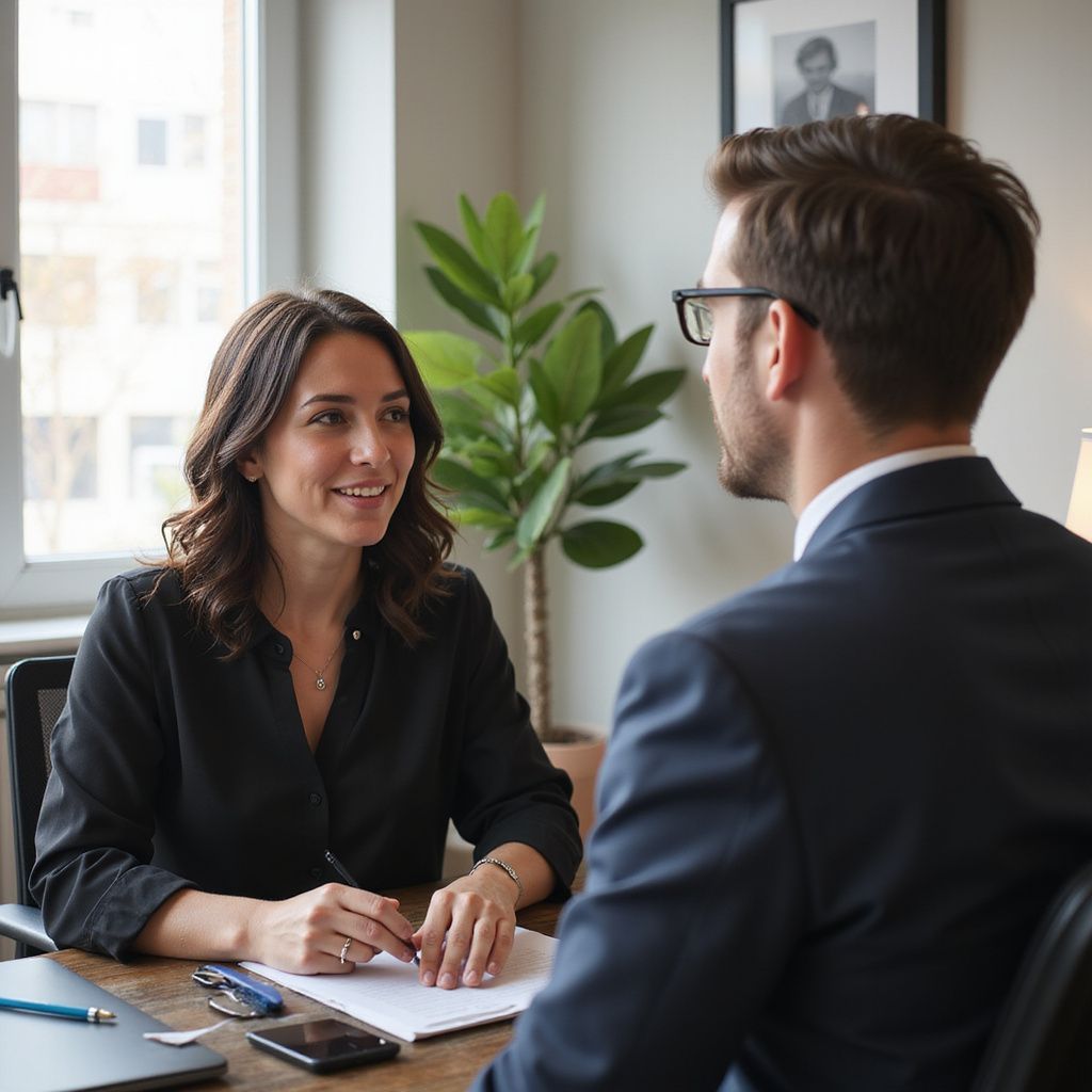 Woman and man at a desk, looking at each other, in an office setting.