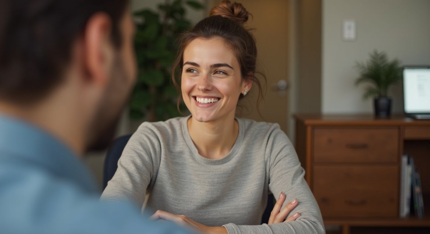 Woman smiling, looking at person out of frame, arms crossed, seated at a desk.