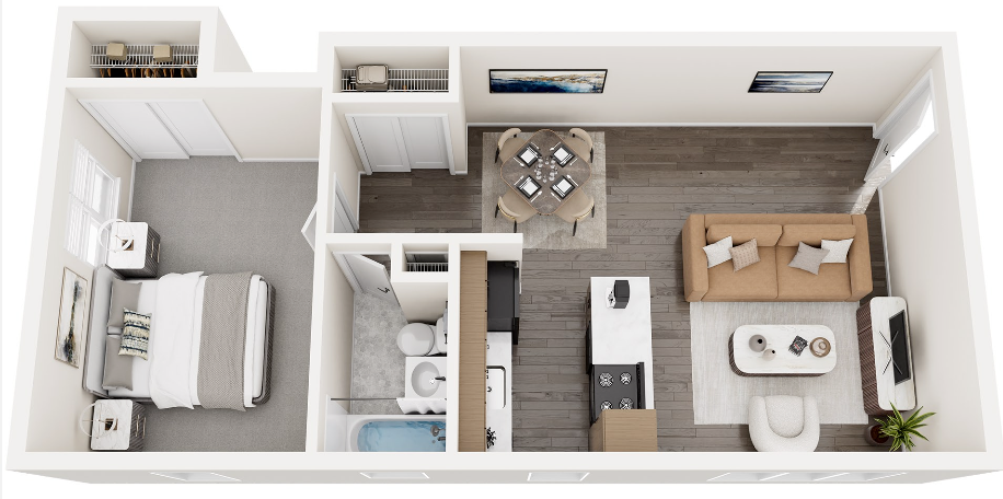 Floor plan rendering of a furnished, one-bedroom apartment with neutral colors and modern decor.