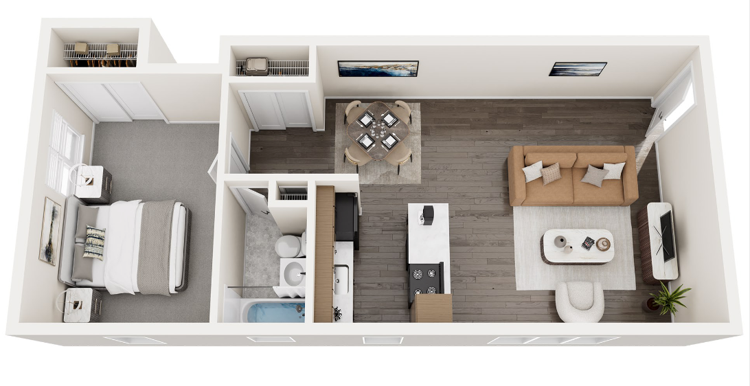 Floor plan of a modern apartment: bedroom, bathroom, kitchen, dining area, and living room.
