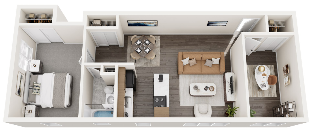 Floor plan of a modern apartment, with a bedroom, bathroom, kitchen, and living area, furnished.