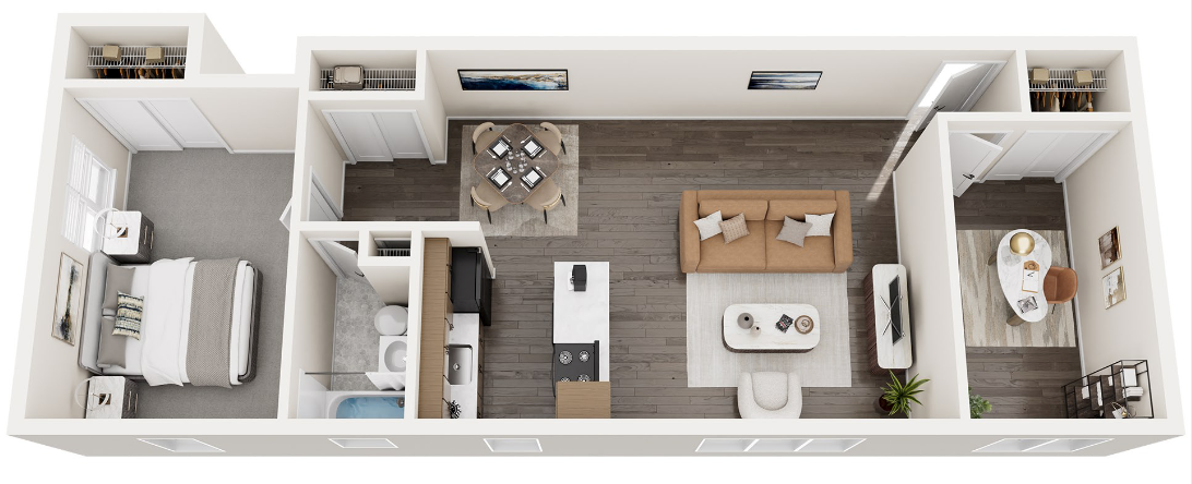 Floor plan of a one-bedroom apartment, showcasing the layout of the rooms and furniture.