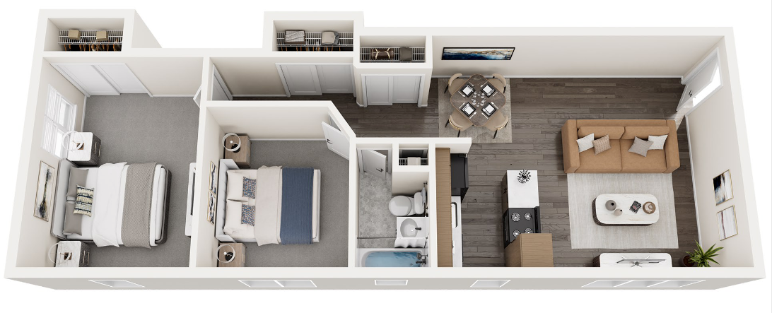 Floor plan of a two-bedroom apartment. Includes living room, kitchen, bathroom, and storage.