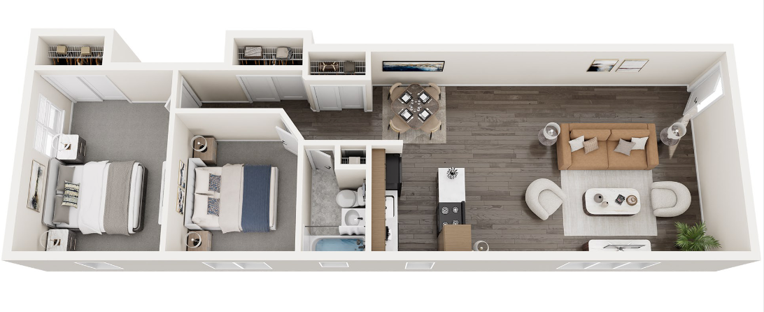 Floor plan of a one-bedroom apartment, showing bedroom, bathroom, and living/kitchen areas.