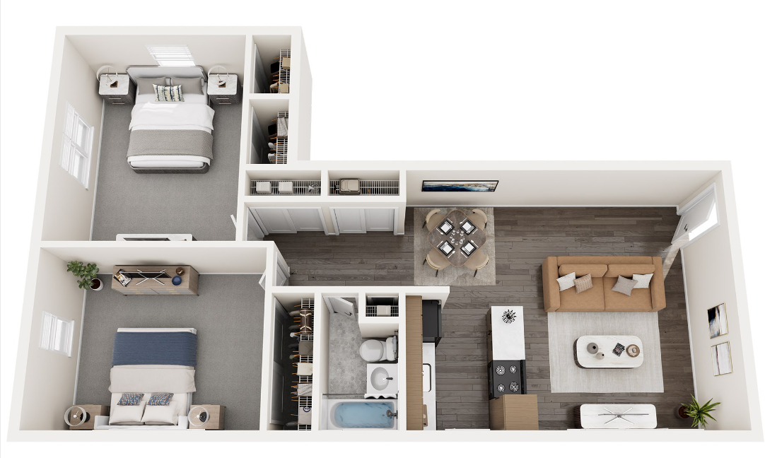Floor plan of a two-bedroom apartment with a living area, kitchen, and bathroom.