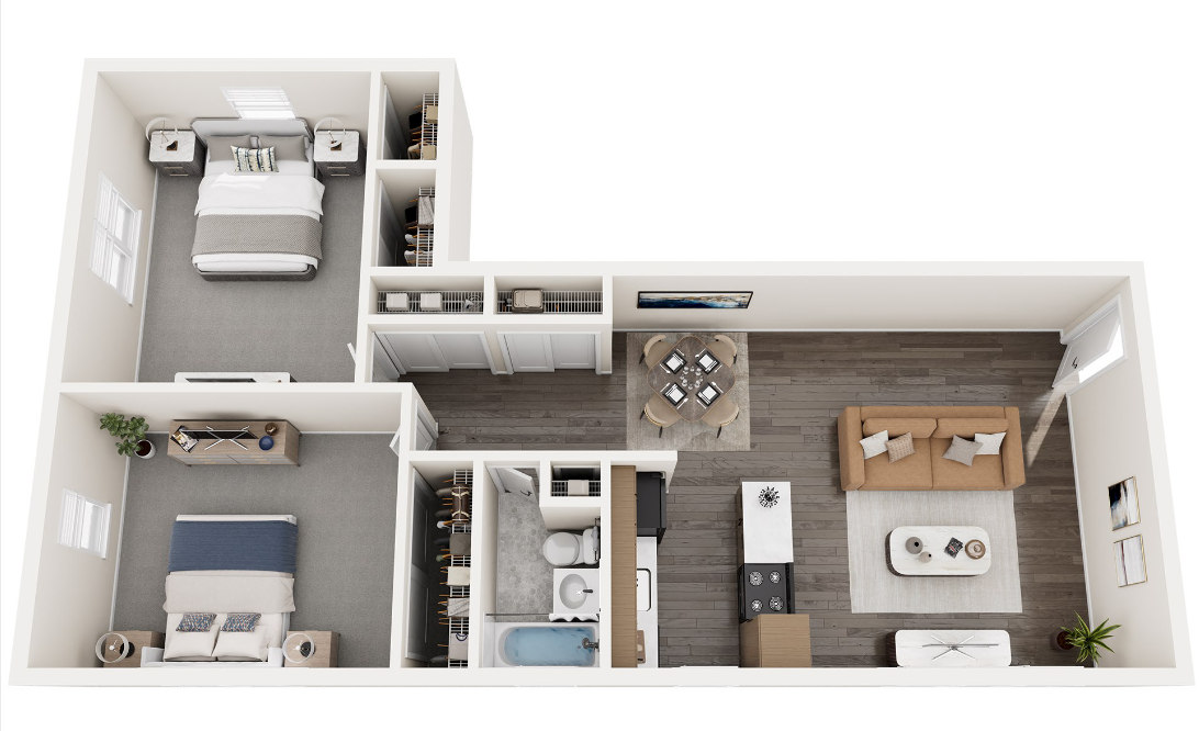 Floor plan of a two-bedroom apartment with a living room, kitchen, and two bathrooms.