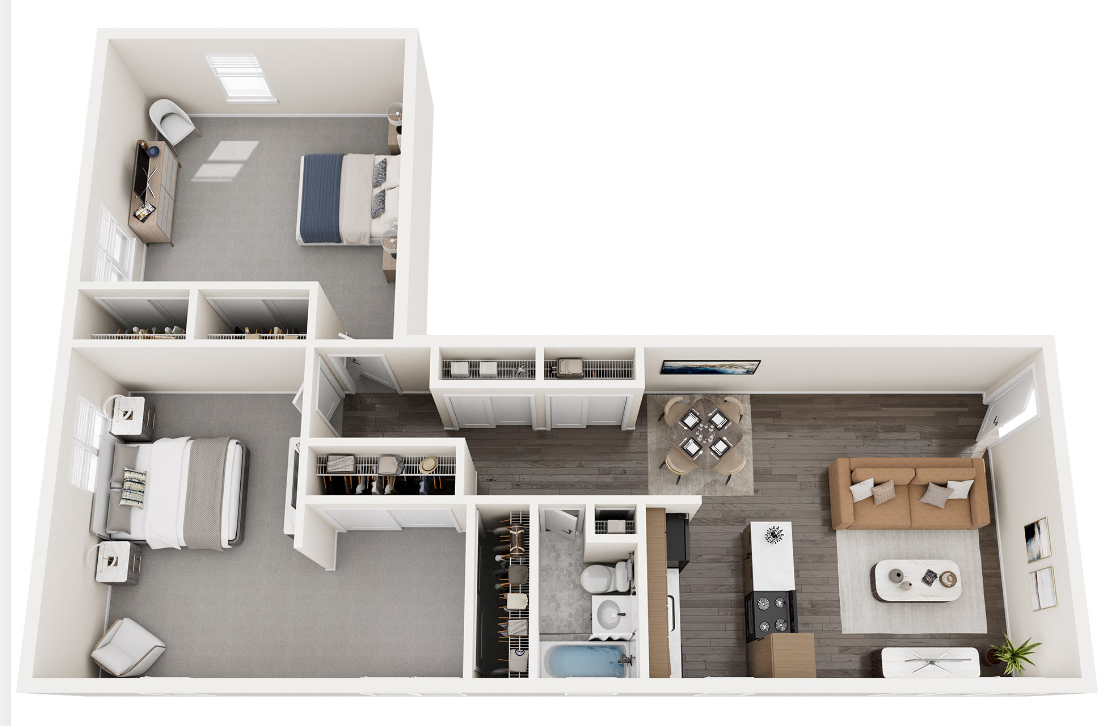 Floor plan of a two-bedroom apartment. Features living room, kitchen, and two bedrooms with attached bathrooms.