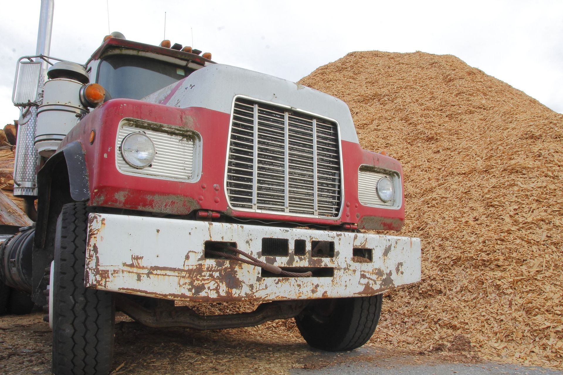 Red and white semi-truck parked next to a large pile of wood chips.