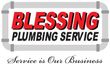 Blessing Plumbing Service logo in red and black with plumbing pipes as a border. "Service is Our Business" below.