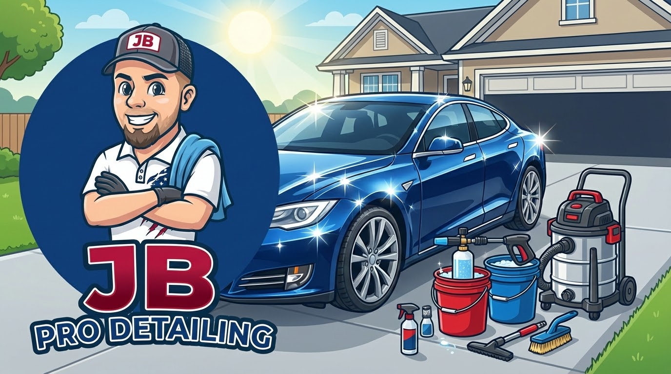 JB Pro Detailing ad: Man in baseball cap, blue car, detailing supplies in front of a house.