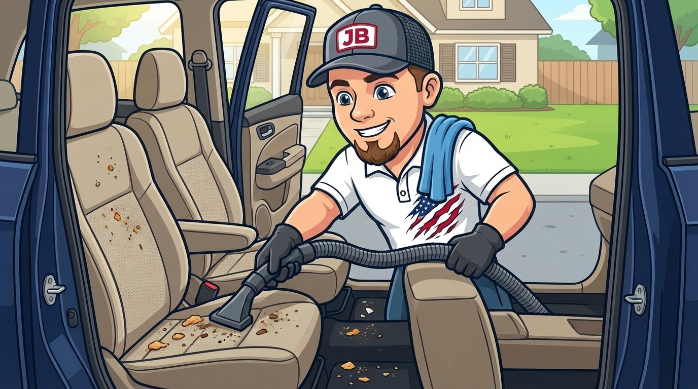 Man vacuuming a car seat, smiling. Car door open, suburban house in background.