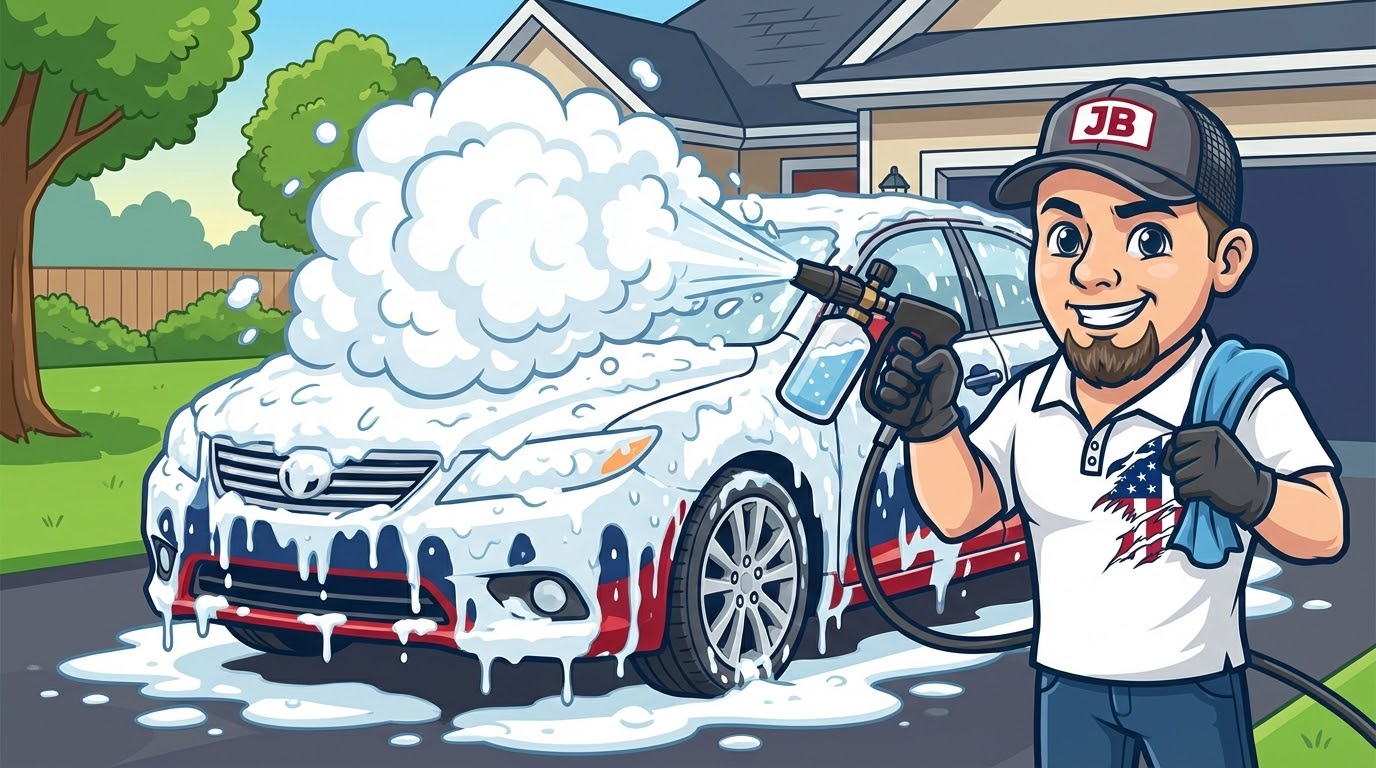 Man washing a car with soap and a pressure washer; cartoon illustration.