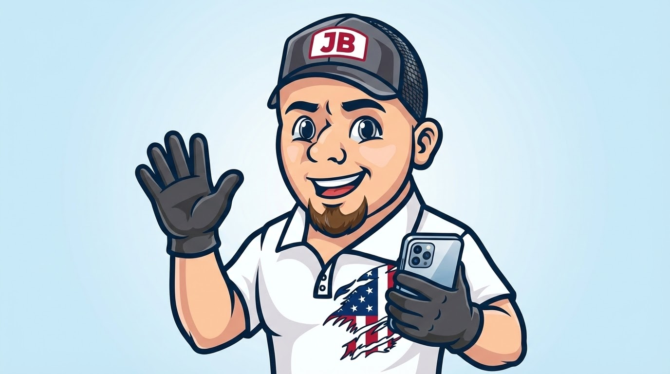 Cartoon man waving, holding phone, wearing hat and gloves. American flag on shirt.