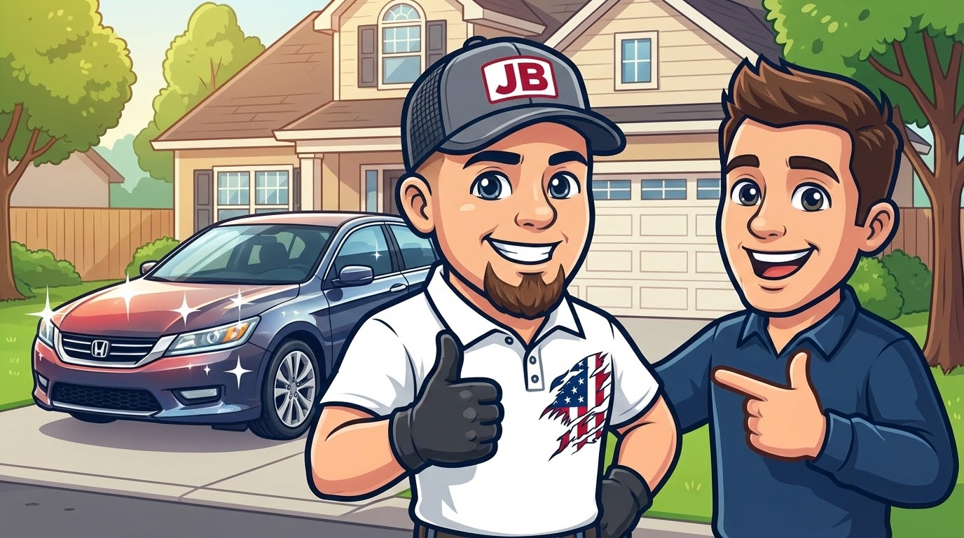 Two men in front of a house and car, one giving thumbs up, smiling.
