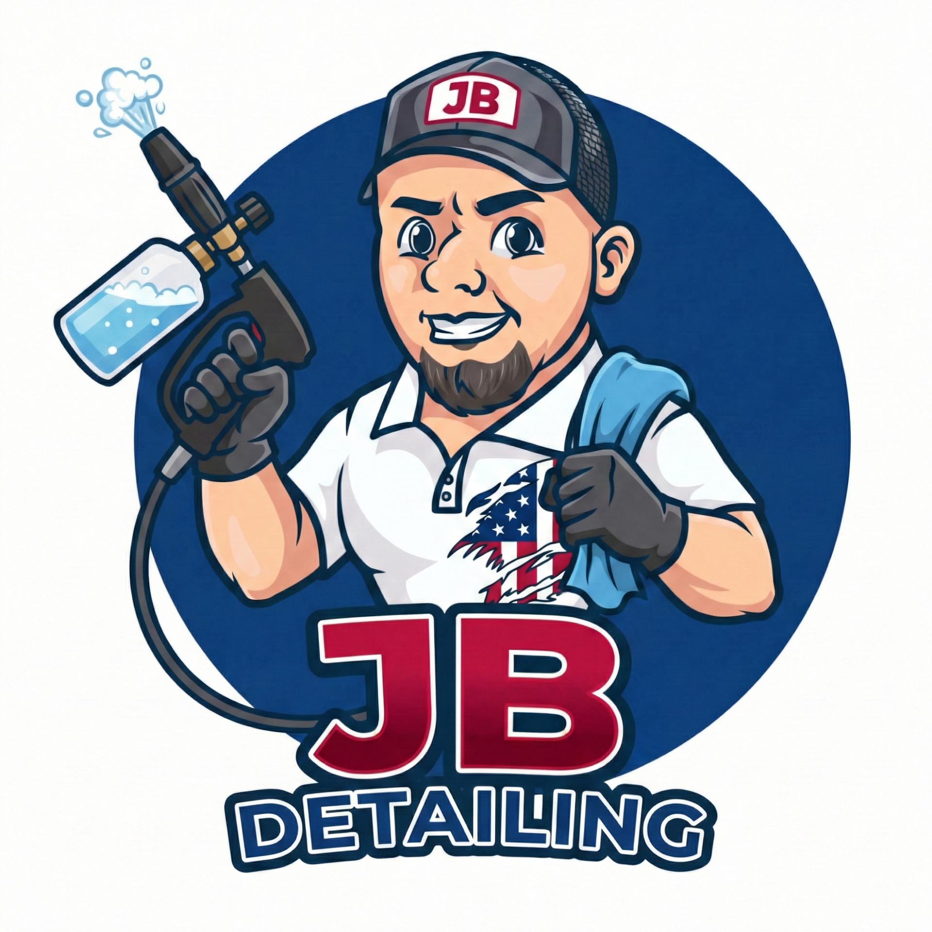 JB Pro Detailing logo: smiling man holding foam sprayer, wearing hat, inside blue circle, text below.