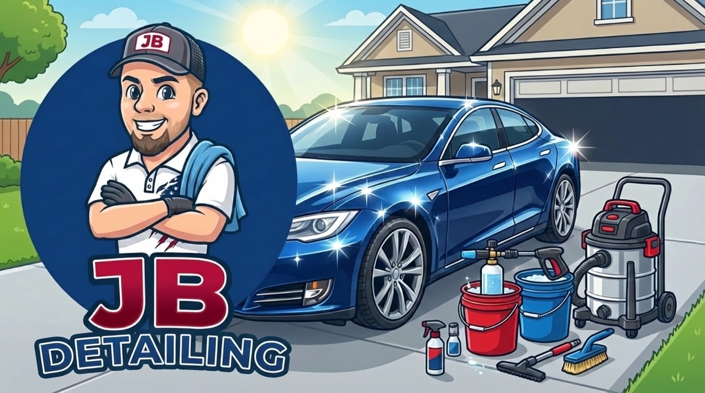 JB Pro Detailing ad: Man in baseball cap, blue car, detailing supplies in front of a house.