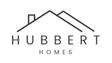 The logo for hubbert homes shows a house with a chimney on the roof.