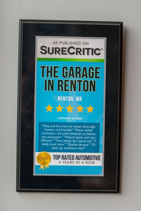 A plaque that says the garage in renton on it | The Garage in Renton