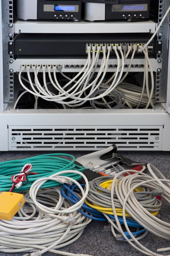 Network Server Rack With Cables, Plus a Pile of Coiled Network Cables and Tools — Aurablue Electric in Fullerton Cove, NSW