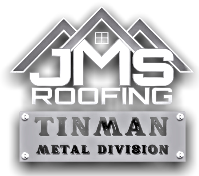 Logo for JMS Roofing, Tinman Metal Division, featuring a stylized house roof icon above bold white text on a metal plaque.