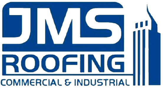 Logo for JMS Roofing, Commercial & Industrial, featuring white text on a blue background with a stylized building graphic.