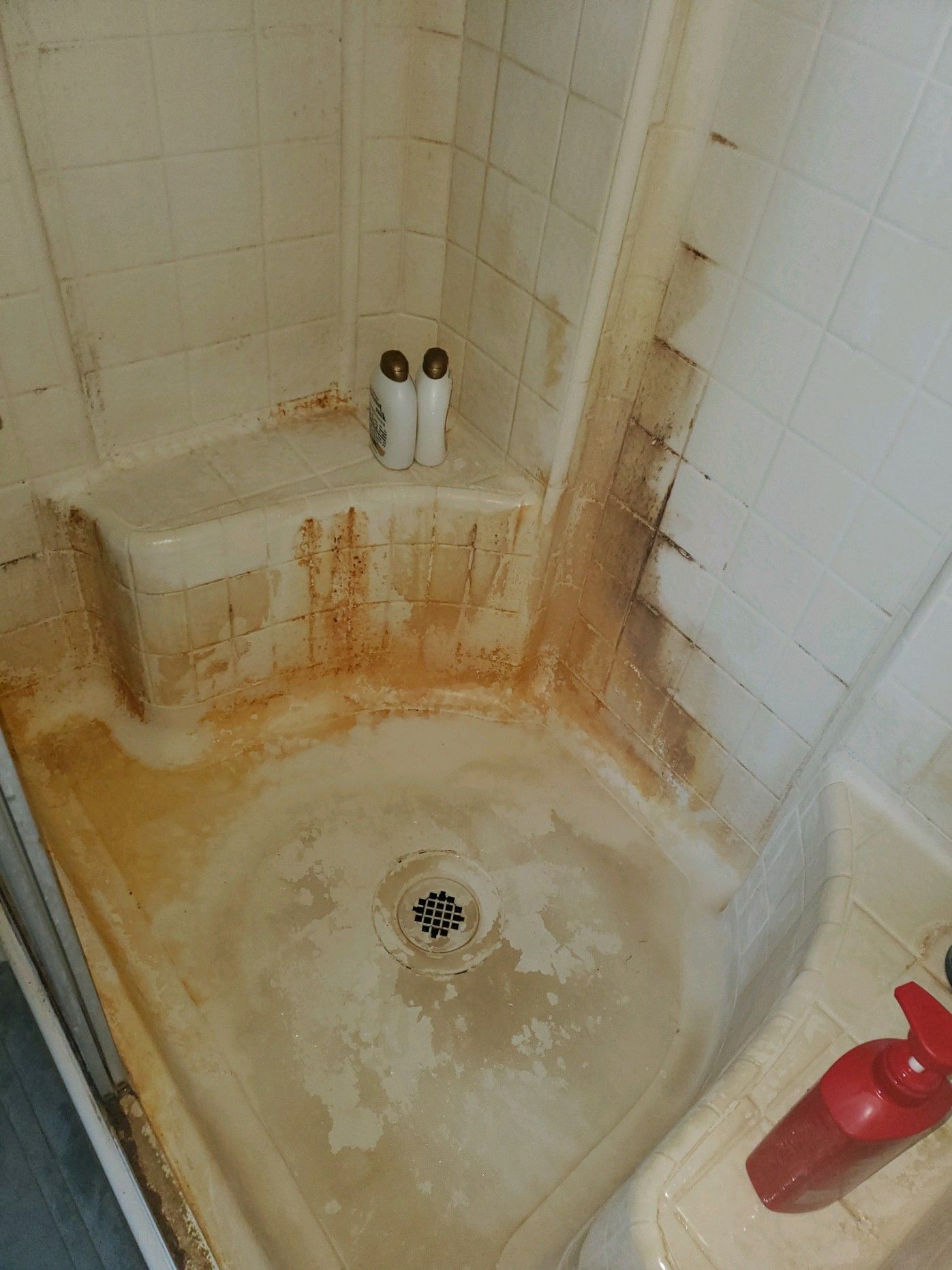 Dirty, stained corner shower with rust-colored stains on the walls and floor, two bottles visible.
