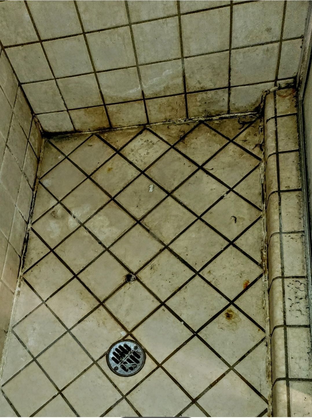 Dirty shower with white tiles, dark grout, and a drain.