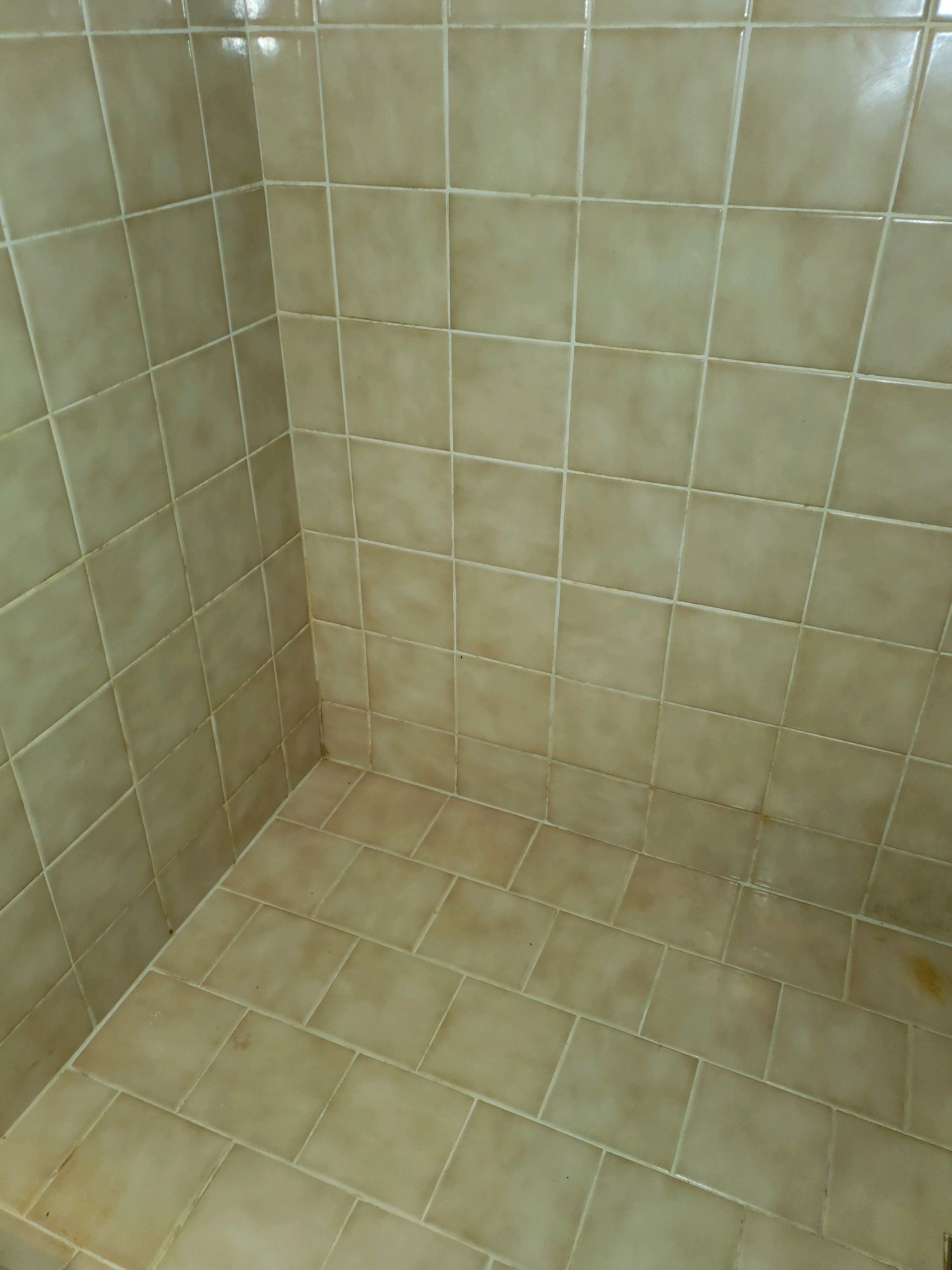 Tiled shower stall with beige tiles. The floor is also tiled.